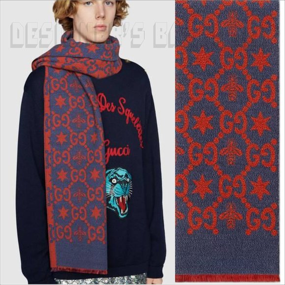 GUCCI red & blue CONSTELLATION Bee GG Stars wool/silk reversible long scarf NWT - Picture 1 of 12